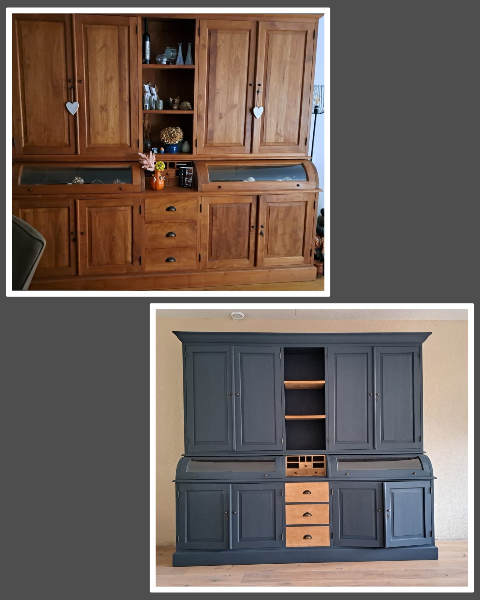 Buffetkast teak gezandtraald + petrol blue geschilderd.